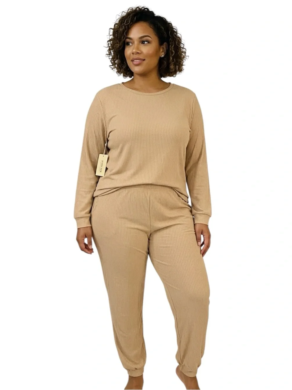 Women's Ribbed Lounge Set Size XXL Beige Tan Long Sleeve Pajama Pants 2pc